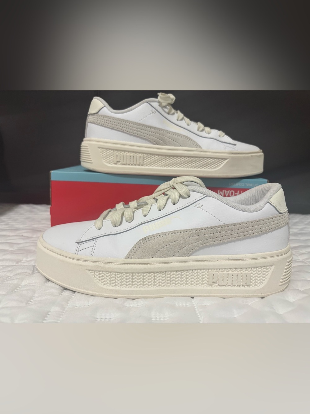 Puma Smash Platform V3 Mono Twist White Vapor Gray soft Foam tennis shoes 8.5